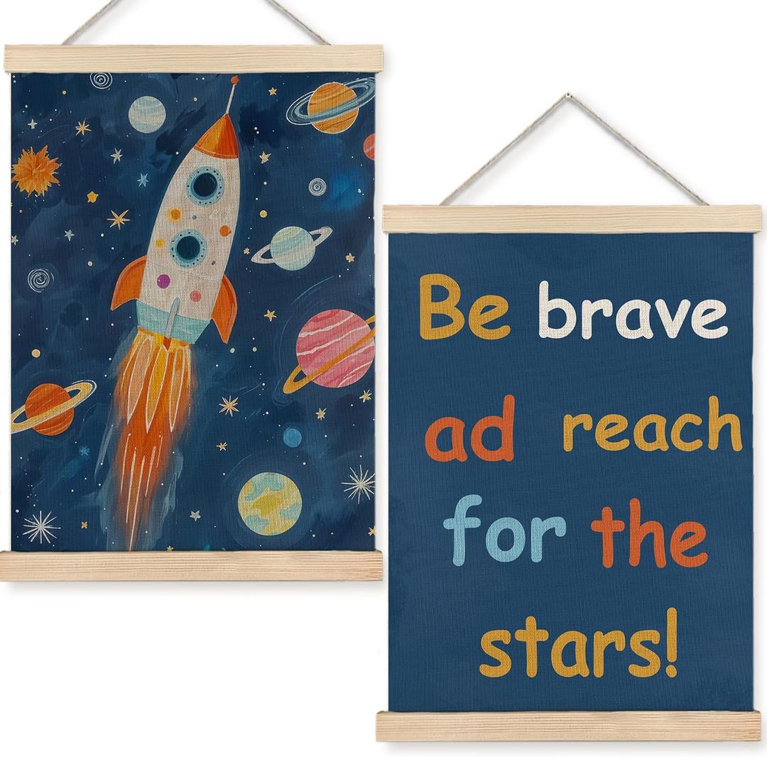 URLLUAE Rocket Space Wall Art Posters for Kids Room, Outer Space Planet Motivational Poster Hanger Frame for Boys Bedroom Classroom Nursery Playroom Wall Decor, 12x16 Inch Set of 2