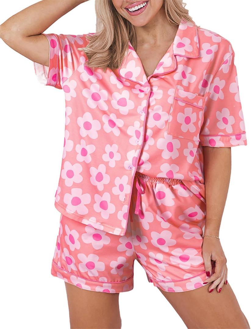 KevaMolly Womens Pajama Sets Pink Flower Print Buttoned Drawstring Waist Lounge Set Short Sleeve Top and Shorts (Medium)