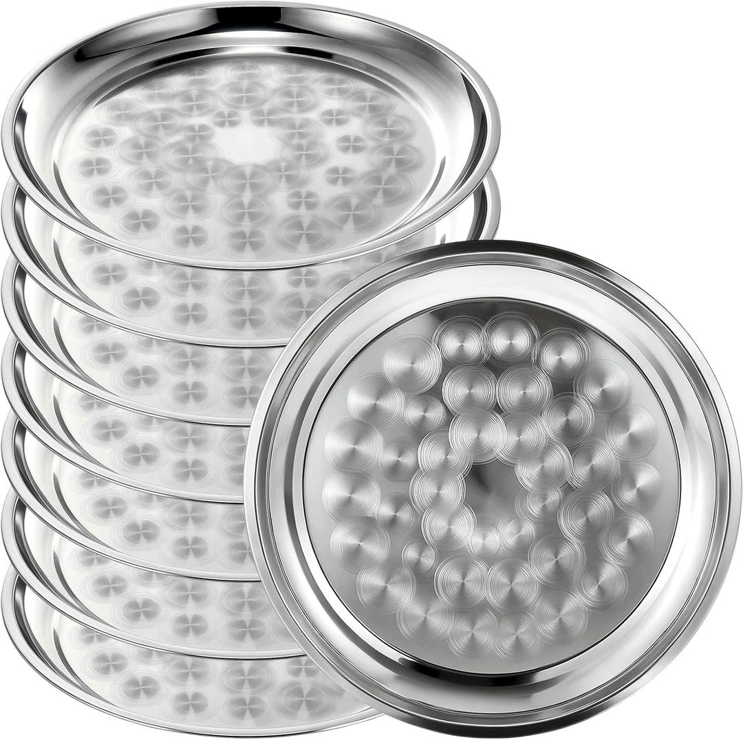 8 Pack Stainless Steel Round Serving Tray with Swirl Pattern Bulk Large Round Tray Silver Metal Display Serving Platter for Coffee Party Club Home (12 Inch)