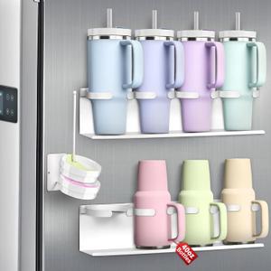 Magnetic Cup Holder for Fridge,8 Cups Water Bottle Organizer for Stanley 30 40 oz with Tumbler Lid Organizer,High Capacity Heavy Duty Kitchen Storage Rack Accessories