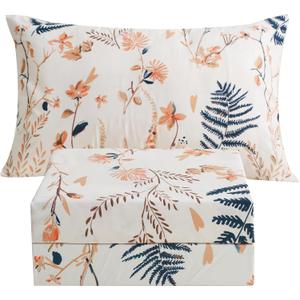 JSD Boho Floral Printed Sheet Set Twin Size 3 Piece, Soft Botanical Pattern Microfiber Sheets Extra Deep Pocket (Leaf 1)