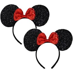 FANYITY Mouse Ears Headbands Sequin Hair Band for Girls Women Boys Party, 2 Pieces (RED)