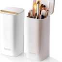 Upgrade Makeup Brush Holder Organizer with Lid, Automatic Lifting Dustproof Makeup Brushes Organizer with 4 Compartments for VanityCosmetic Storage for Dresser Countertop and Bathroom (White Gold)