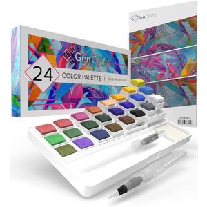 GenCrafts Watercolor Palette with Paper Pad 24 Premium Colors - 2 Refilable Water Brush Pens - 15 Sheets of Water Color Paper - Portable Painting