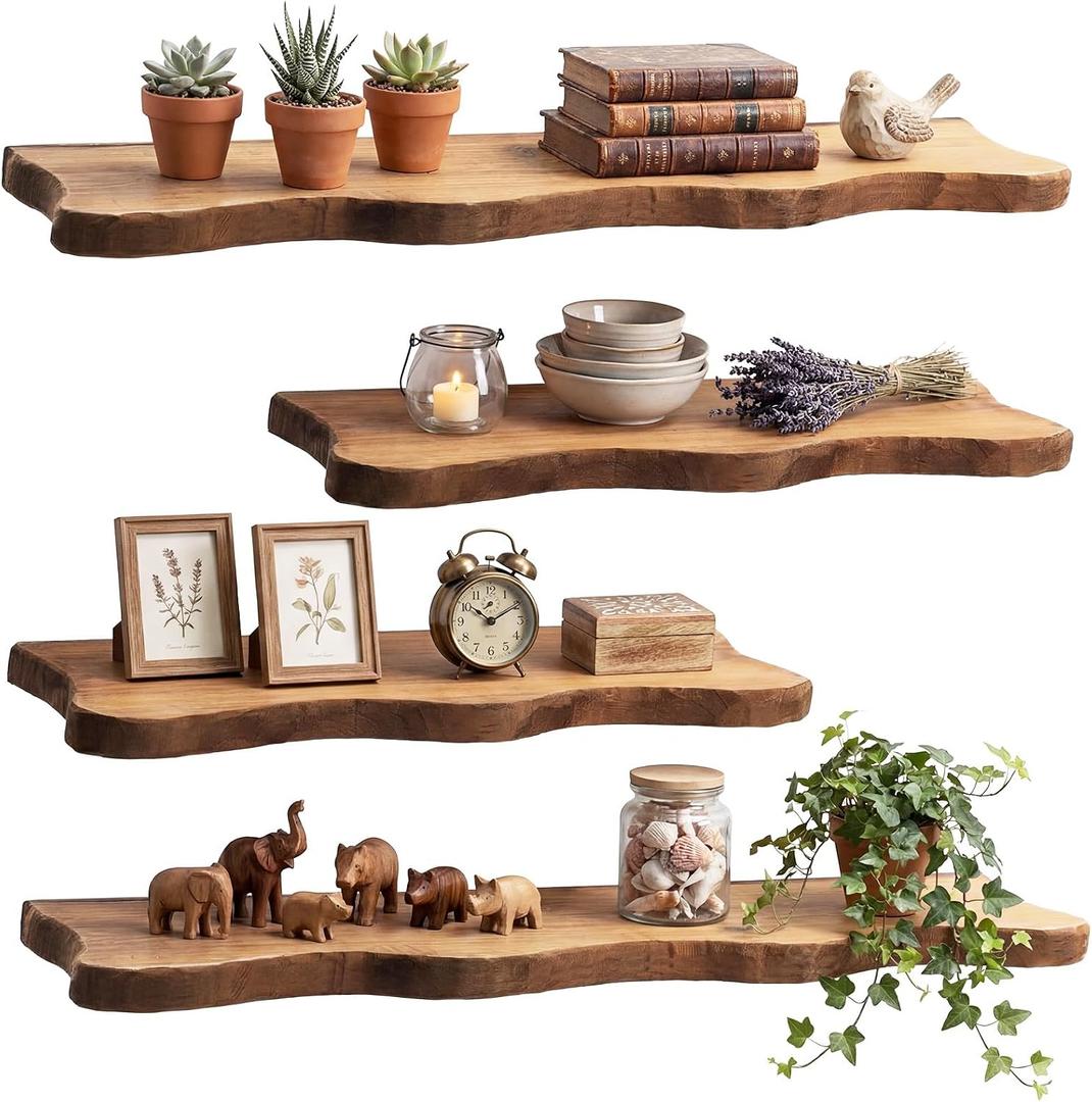 Pinkunn 4 Pcs Floating Shelves for Wall Wooden Live Edge Shelf Wall-Mounted Natural Solid Wood Bedroom Kitchen Storage Living Room Nursery Decor (23.62/35.43 Inch)