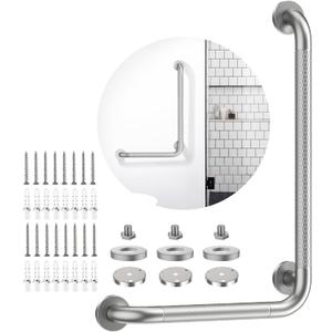 Brushed Nickel Angled Grab Bar 16x24 Inch, iHansee Bathroom Safety Bar w/Anti-Slip Knurled Grip, Wall Mount L Shaped Shower Handle for Elderly Senior Handicap, Toilet Bathtub Balance Support Bar