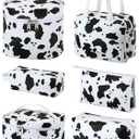 Saintrygo Set of 6 Makeup Bag Set Travel Cosmetic Bag Cow Print Toiletry Pouch Gifts for Women Organizer with Zipper Portable Cute Make up PU Leather Case Washable Waterproof