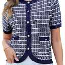 Jiflora Women's Summer Short Sleeve Cardigans Cropped Tweed Blazers Button Up Knitted Sweater Jacket for Dress with Pockets, Large, Blue 