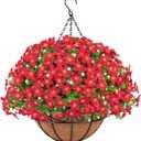 Artificial Hanging Plants Flowers with Basket for Spring Summer Outdoor Decoration, Fake Flowers UV Resistant with Hanging Planter for Front Porch Patio Garden Yard Home Decor, Red