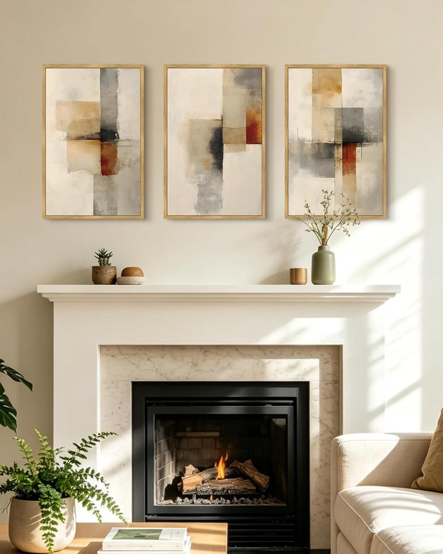 KUVIOKE Framed Abstract Wall Art Minimalist Beige Gray Red Pastel Watercolor Wall Decor Modern Neutral Art Print Home Decor 16x24in (Natural Framed)