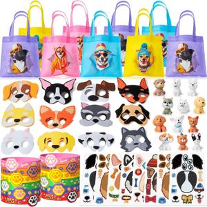 Winrayk 12 Sets Puppy Dog Party Favors Birthday Supplies for Kids, Non-Woven Gift Bag Felt Mask Paw Print Bracelet DIY Sticker Puppy Figure, Goodie Bag Stuffer Girls Boys Dog Themed Party Favors Decor