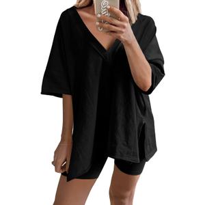 2 Two Piece Outfits for Women Summer Oversized Workout V Neck T Shirts Biker Shorts Matching Sets (Black, S)