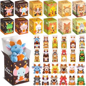 Blueweenly 24 Sets Thanksgiving Mini Animal Plush Toy with Boxes Thanksgiving Friendsgiving Gift Fall Tiny Animal Plush Toy with Pumpkin Maple Leaves for Party Favors Goodie Bag Filler Exchange Gift