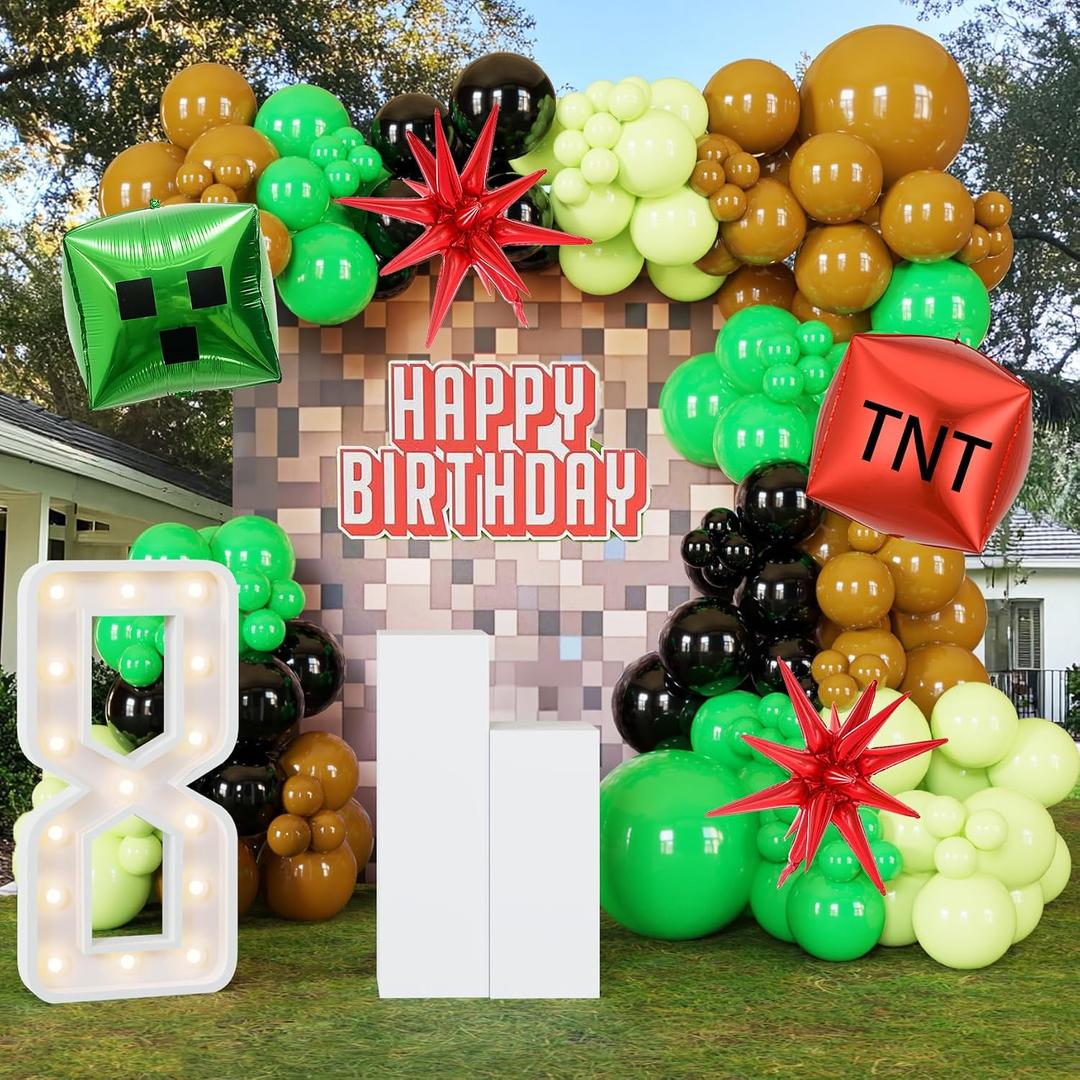ECEAE 140Pcs Green Balloon Arch Garland Kit with Lime Green Brown Black Square Star Foil Balloons for Gaming Theme Party Decor, Birthday Party Supplies, Kids' Party Crafts and Decorations