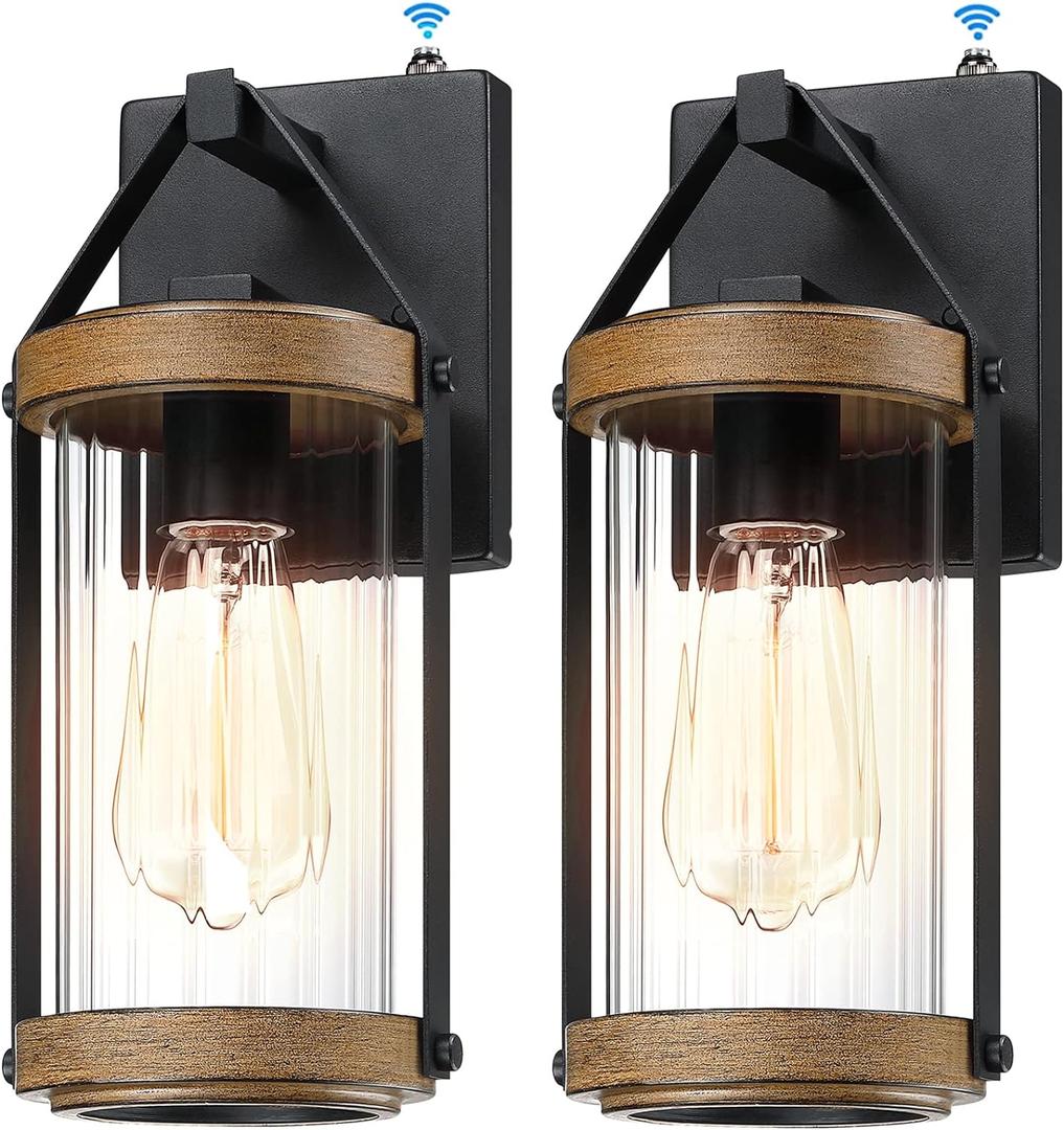 LONEDRUID 2 Pack Dusk to Dawn Outdoor Wall Light Fixtures Photocell Sensor Exterior Lantern Sconce Lighting Waterproof Outside Wall Mount Lamp for House Patio Garage Entryway Doorway (Black & Wood Texture)