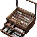 Knife Display Case, Knife Collection Display Holder with Glass Lid, 3-Layer Wooden Pocket Knife Case with Drawers