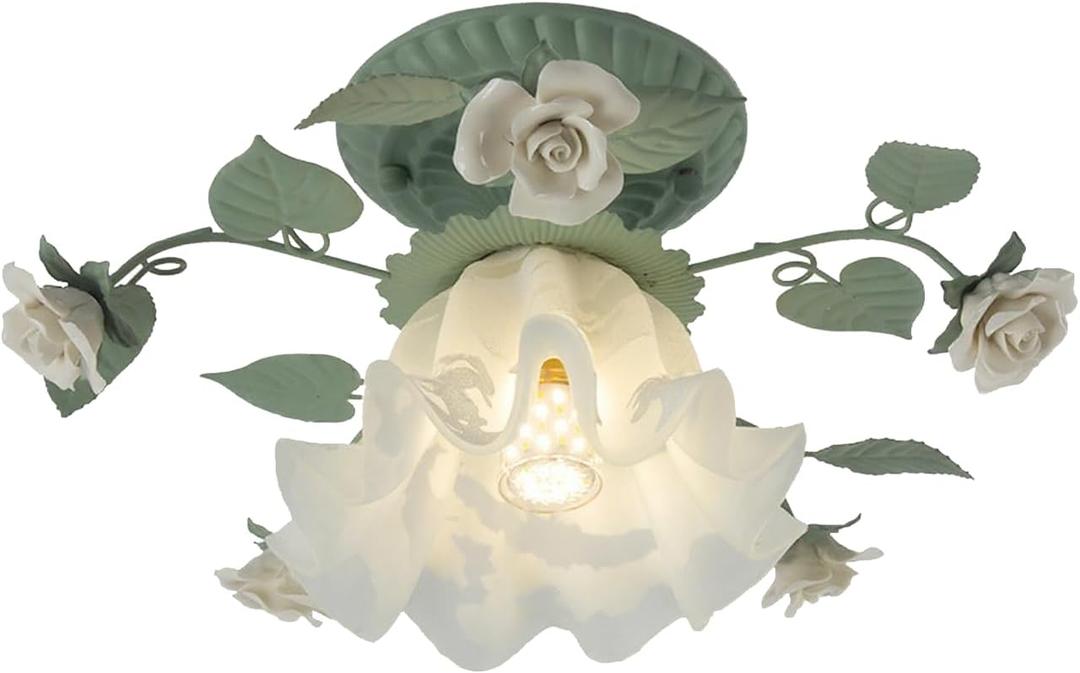 French Glass Flower Ceiling Light Fixture Green Hallway Semi Flush Mount Ceiling Light Nordic Modern Blue White Milk Glass Close to Ceiling Light for Bathroom Farmhouse Foyer Corridor Kitchen