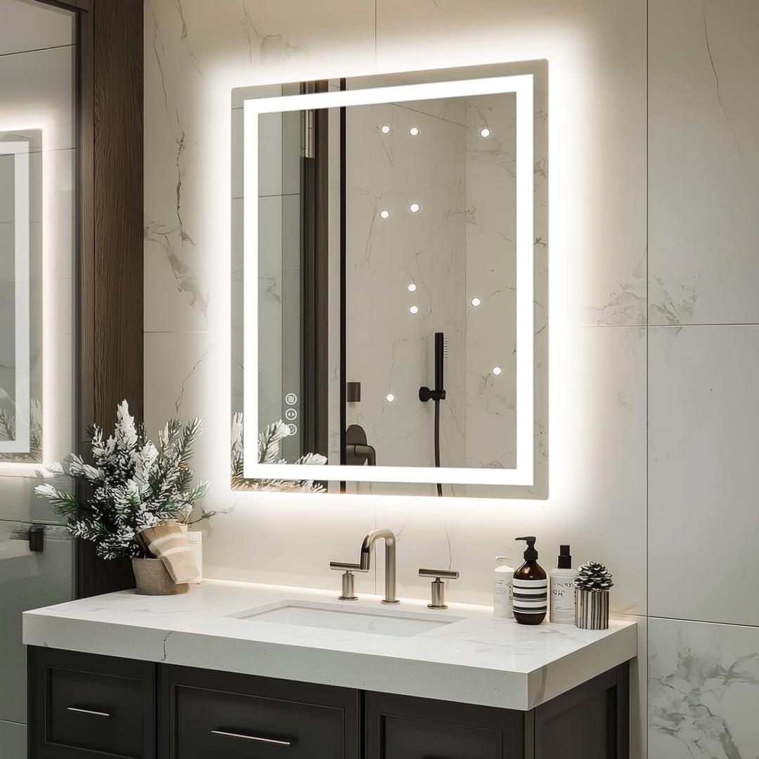 32"x 24" LED Bathroom Mirror with Lights, Dimmable, Double Lights, Backlit + Front Lit, 3 Colors Led Mirror for Bathroom, Lighted Bathroom Vanity Mirror, Tempered Glass(Horizontal/Vertical) (32"L x 24"W)