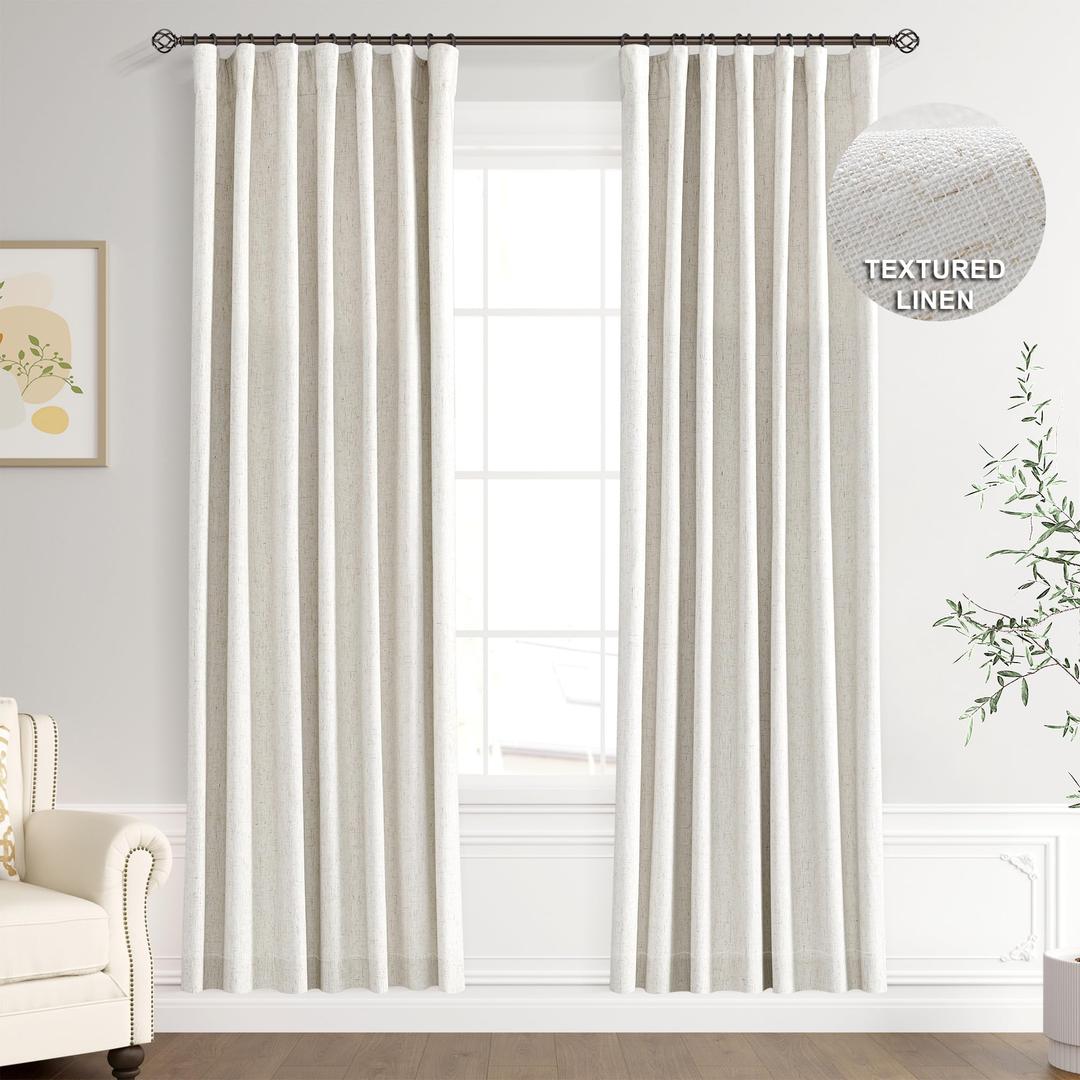 Joywell 100% Blackout Linen Curtains for Bedroom 74 Inches Long Natural Cream Black Out Curtain Hook Belt 2 Panel Thermal Insulated Room Darkening Window Drapes for Living Room Beige Ivory 52x74