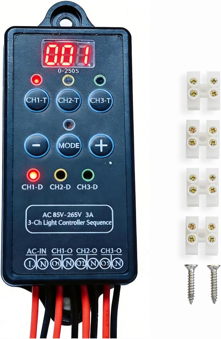 AC 110/240V 3 Channel Light Controller Sequencer with 50+ Modes,Easy to Program and Fix Installation with Mini Shell Protection