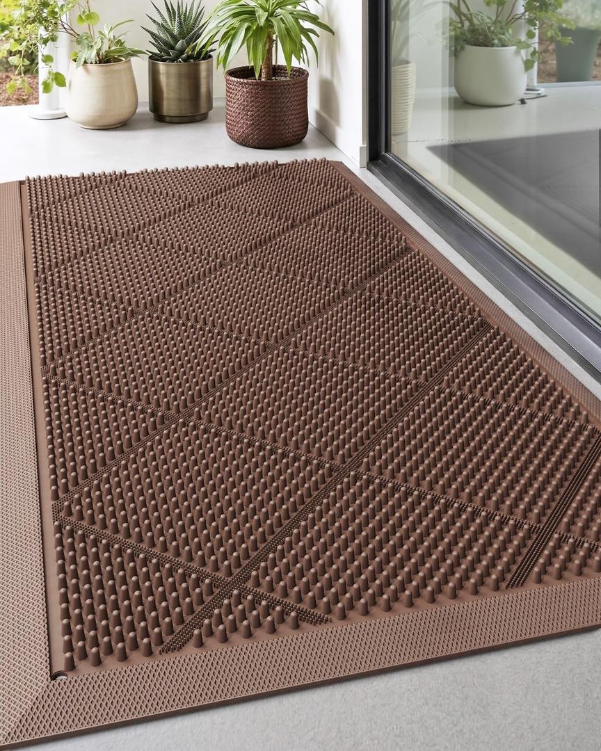 DEXI Front Door Mats Outside Entrance, 17x36 Rubber Waterproof Dirt Trapping Entry Mat for Entryway, Heavy Duty Non-Slip Low-Profile Welcome Doormat All Weather for Patio, Brown