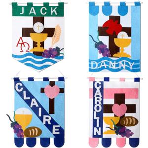 Funtery 4 Sets First Communion Banner Kits 12 x 18 Inches Holy Felt Communion Banner Gifts DIY Catholic Church and Sunday School Crafts Kit Christian Church Decoration