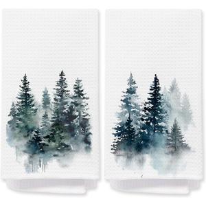 ATPOM Misty Winter Pine Tree Forest Kitchen Towels, Navy Blue Winter Foggy Pine Tree Nature Landscape Decorative Hand Towels, Farmhouse Rustic Dish Tea Towel, 16x24 Inches Set of 2