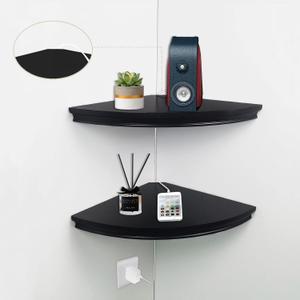 HAO Floating Corner Shelf Invisible Wall Mounted Shelves Radial Shape Cable Wire Hole Pattern Perfect for Bedroom Bathroom Living Room Kitchen Set of 2 Black