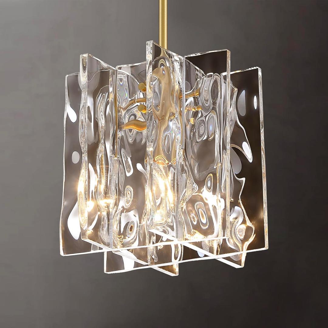 Untrammelife 1-Light Gold Pendant Light, Modern Contemporary Square Water Ripple Acrylic Shade Lighting Fixtures Chandeliers for Kitchen Island, Living Room, Dining Room, Bedroom
