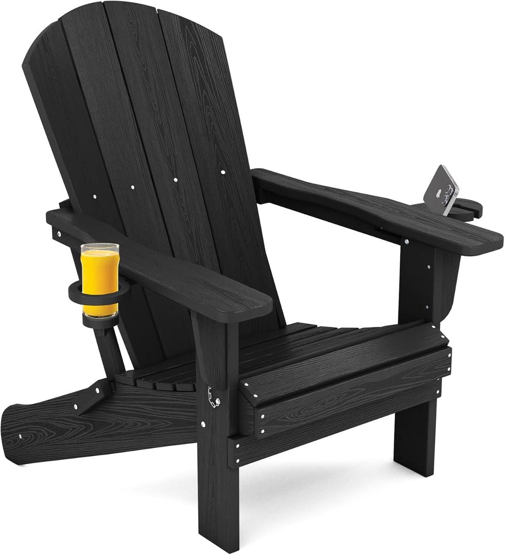 SERWALL HDPE Folding Adirondack Chair with Dual Cup Holder - Composite Adirondack Chair - Black (1 PACK-ORIGINAL)