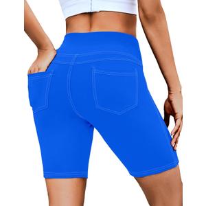 VOOVEEYA 5"/8" High Waisted Yoga Biker Shorts with Pockets for Women - Butt Lifting Workout Spandex Booty Gym Shorts (8 Classic Blue)