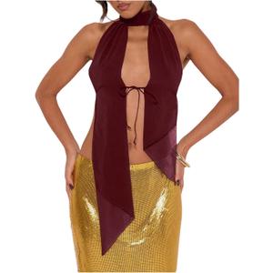 MakeMeChic Women's Cheetah Print Halter Top Y2K Tie Front Backless Club Going Out Tank Tops (L)