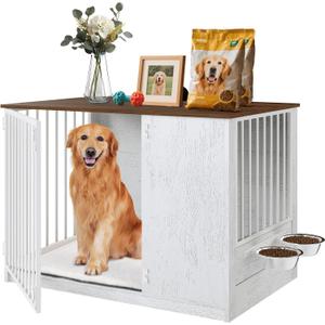 Dog Crate Furniture for Large Dogs, 36" Indoor Wooden Dog Kennel with 270 Swivel Door & 360 Rotating Feeder, Decorative Heavy Duty Dog House with Double Locks & Bowls, White