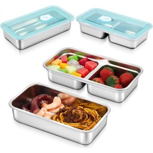 4 Pcs Stainless Steel Snack Containers, Grab and Go Snack Containers Reusable, Double Compartment Condiment with Lid Stainless Steel Food Storage for Classroom Travel and Outdoor Camping