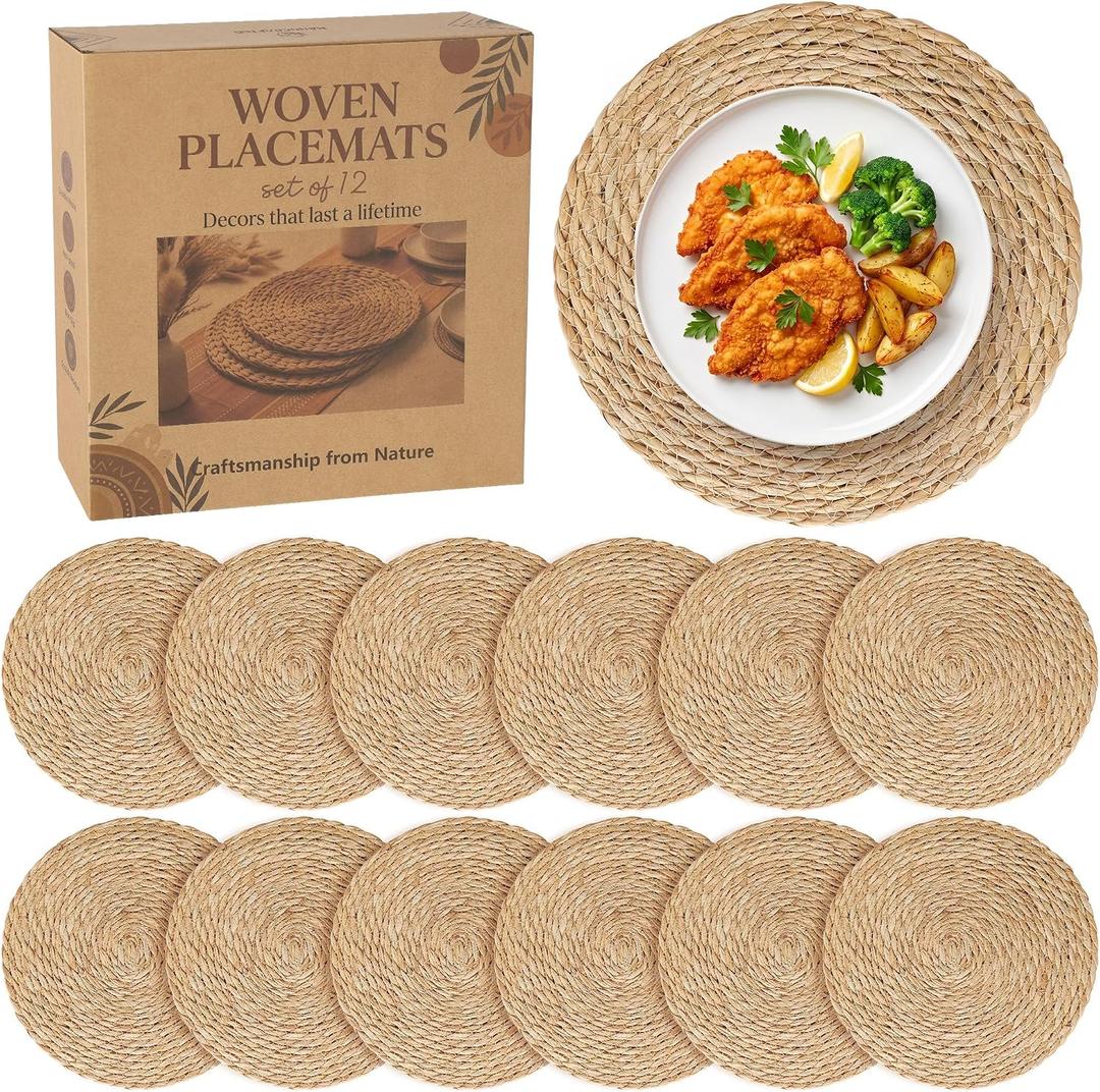 12 Pack 15IN Round Woven Placemats, Natural Bulrush Boho Farmhouse Mats