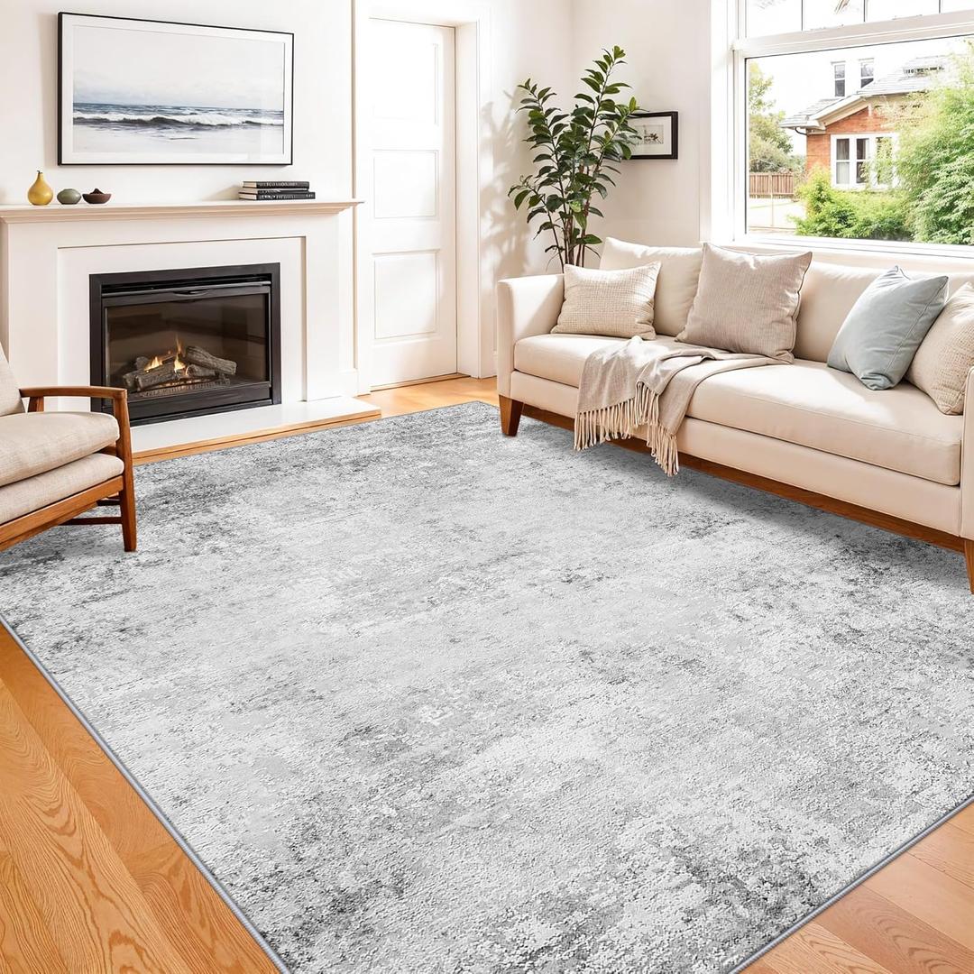 6x9 Washable Living Room Rug: Non Slip Stain Resistant Low Pile Area Rugs for Dining Room Bedroom - Neutral Abstract Soft Thin Indoor Throw Carpet for Pet Owners Newlyweds (6x9 Grey)