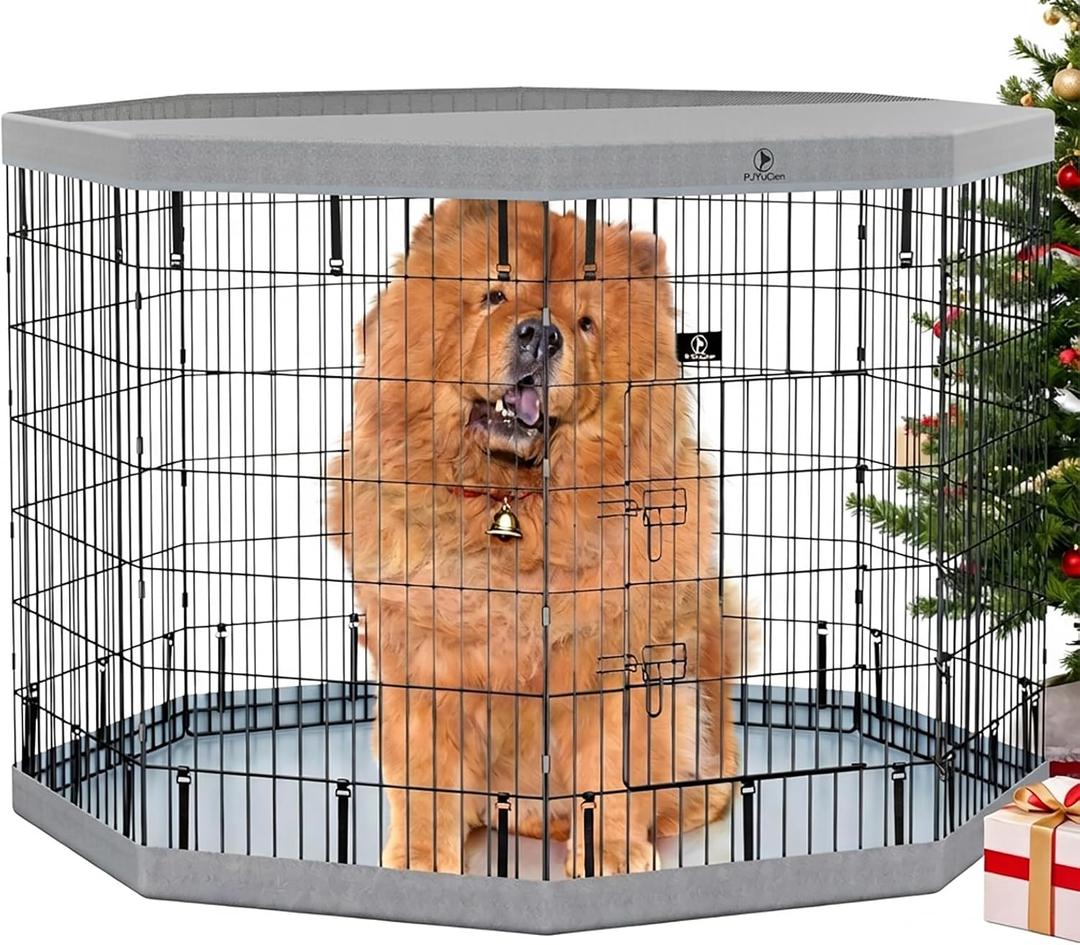 PJYuCien Dog Playpen, 8 Panels 42H Dog Playpen Indoor with Grey Bottom Pad and Top Cover, Metal Foldable Dog Pen for Indoor Use, Better for Small Medium Animals, Grey