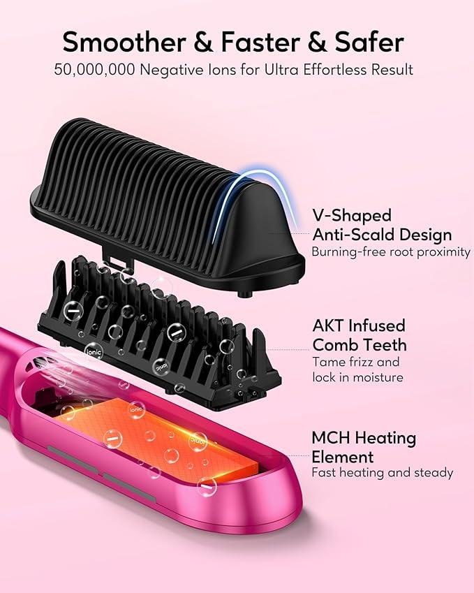 Terviiix Frizz Buster Ionic Hair Straightener Brush with MCH Heater - Rapid 450F in 20S, Hair Straightener Comb for Efficient One-Pass, Anti-Scald, 13 Heat Settings, Dual Voltage, Pink