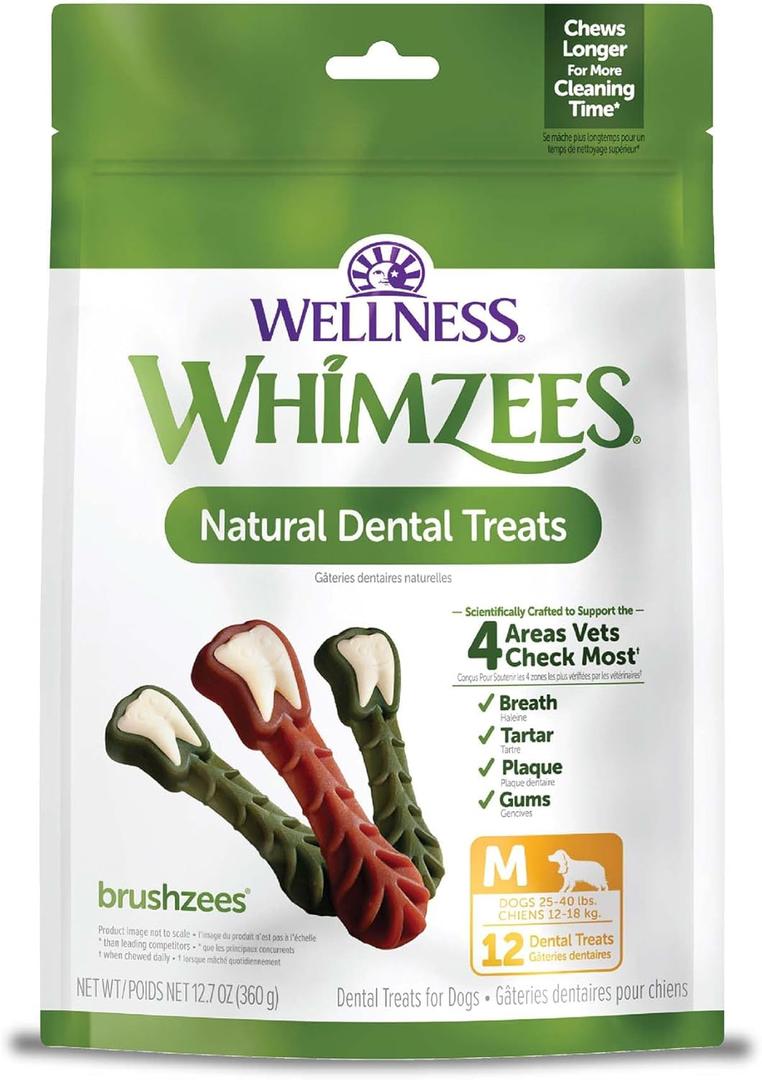 WHIMZEES Wellness Brushzees Dog Dental Treats, Natural Chews, Medium Size Stick, (12 Count) (EXP 06/27/28)