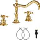 GGStudy 8-16 inch Two Handles 3 Holes Widespread Bathroom Sink Faucet Gold Basin Mixer Tap Faucet Matching Metal Pop Up Drain with Overflow, Metal Cover, Gold