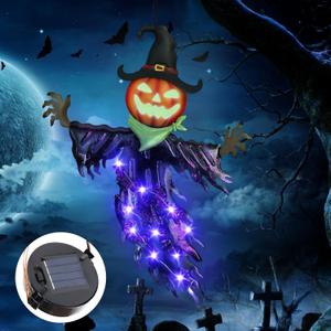 ILLUMINEW Solar Halloween Metal Hanging Decorations, Solar Powered Outdoor Lighted Metal Pumpkin with Glowing Eyes for Halloween Tree, Wall, Porch, Patio Decor