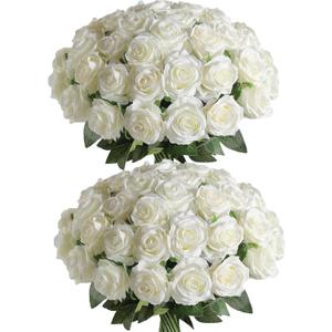 Veryhome 36Pcs Artificial Roses Realistic Fake Flowers Bulk Long Stem Silk Faux Roses Bouquet for Wedding DIY Home Decor Bridal Table Centerpieces Party Arrangements Gifts(White)