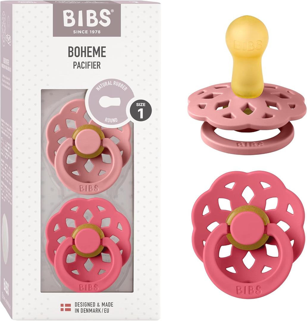 Bibs Pacifiers 0-6 Months | Boheme Collection 2-Pack | BPA-Free Round Nipple | Made in Denmark | Dusty Pink/Coral Color Pacifier