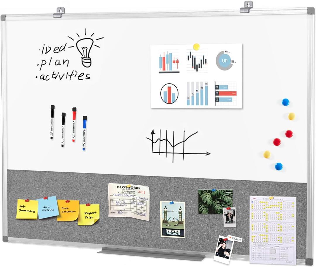 Combo Dry Erase Bulletin Board Wall Mounted Whiteboard and Pin Board Vision Board for Home Kitchen School Office College,Whiteboard & Felt Gray,36x24inches