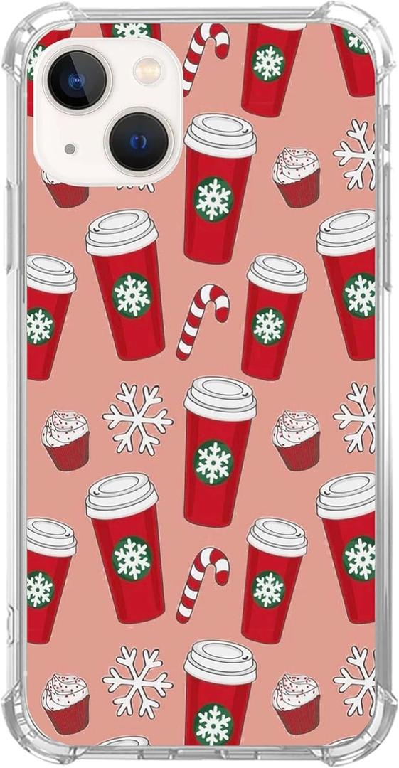 Rewput Winter Christmas Holidays Phone Case for iPhone 15, Cute Snowflake Coffee Candy Pattern Case for Teens Girls Boys, Trendy Design TPU Bumper Case for iPhone 15