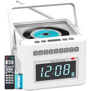 Greadio CD Player Alarm Clock Boombox with Bluetooth, 5000mAh Boombox Clock Radio with CD Player, White Noise, FM/AUX/USB/TF/Dimmer/Remote Control, Large LCD, Portable CD Radio Player for Home (White)