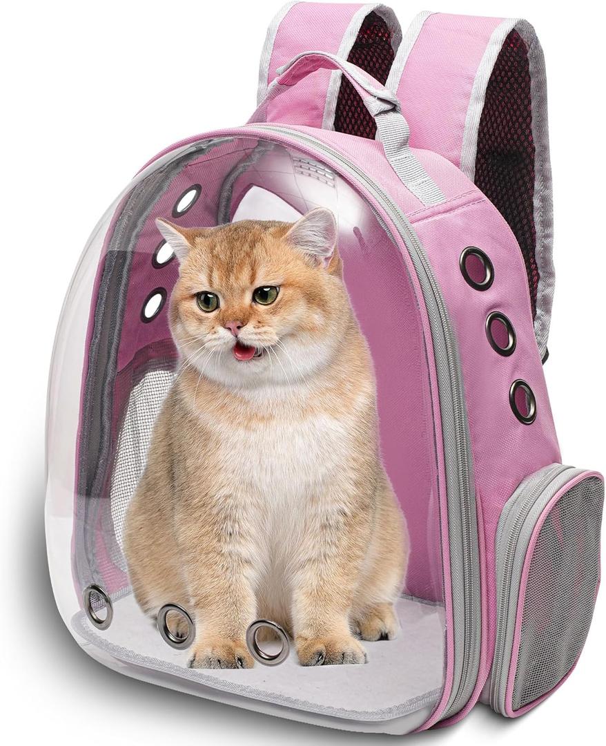 Vivicreate Large Cat Backpack Carrier for Travel and Hiking Transparent Pet Bubble Backpack for Cats up to 20lbs with Ventilation and Padded Straps Mochila para Gatos transportadora mascotas (Pink)