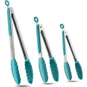 600F Heat Resistant Kitchen Tongs, Premium Locking Cooking Tongs with Silicone Tips, Non-Slip Food Tongs for Cooking, Non-Stick, Heavy Duty Stainless Steel Handle, Set of 3-7" 9" and 12" Aqua Sky