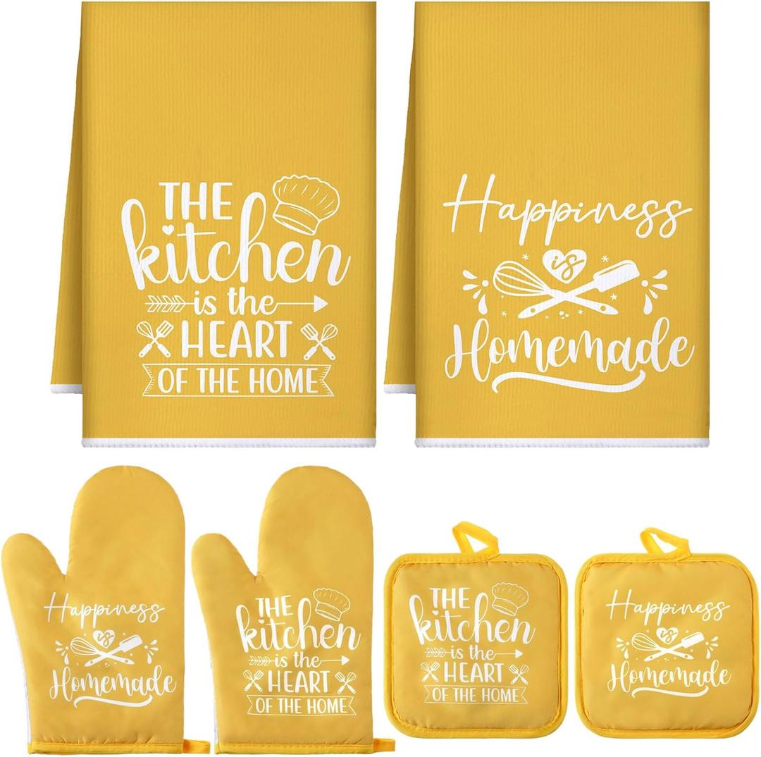 Sratte 6 Pcs Kitchen Decor Accessories Set Farmhouse Towels Pot Holders Oven Mitts Set 2 Dish Towels 2 Potholders 2 Cooking Mittens Oven Glove for Christmas Baking Cooking Supply (Yellow,Kitchen)