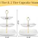 SOUJOY Ceramic Cupcake Stand Set of 2, White Embossed Cupcake Display Holders with Gold Rod, 3 Tier and 2 Tier Square Porcelain Dessert Stands for Birthday Tea Party Wedding Baby Shower